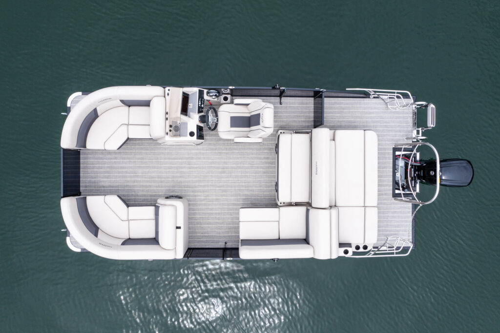 Aerial view of the stunning Harris Cruiser Pontoon Boat, showcasing its luxurious design and premium features.