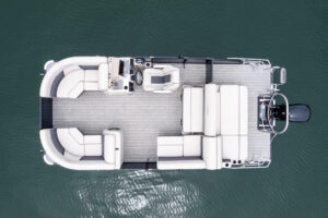 Aerial view of the stunning Harris Cruiser Pontoon Boat, showcasing its luxurious design and premium features.